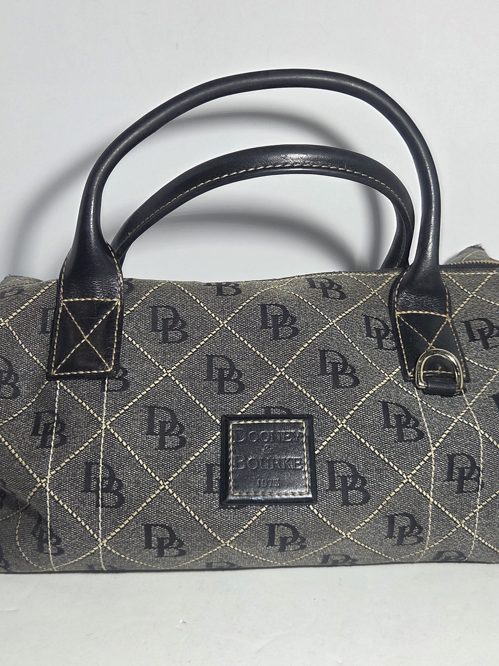Vintage Dooney & Bourke Signature DB Monogram Denim Barrel Satchel Bag Black